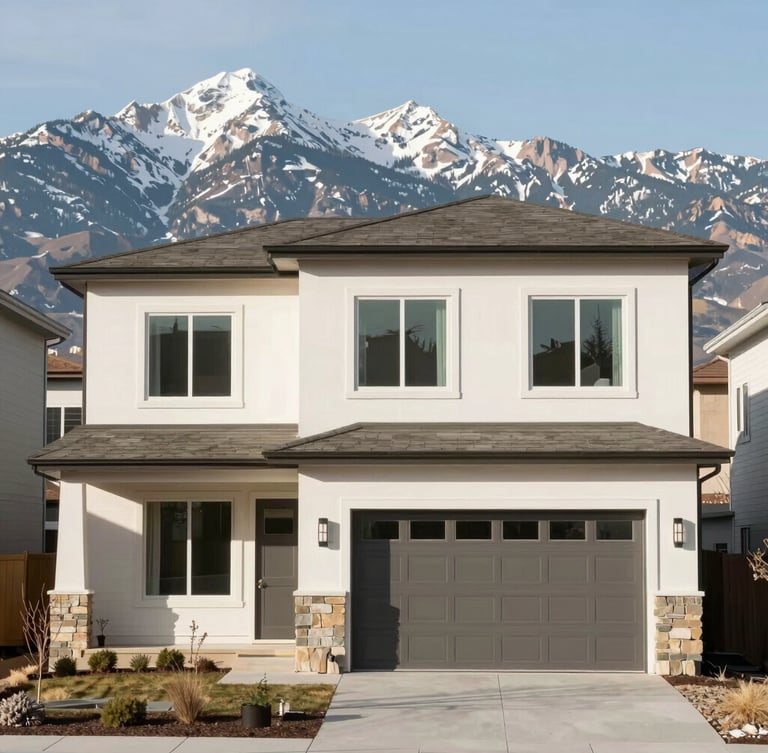 A modern suburban home exterior in Denver with clean architectural lines, bright natural daylight, and the snow-capped Rocky Mountains visible in the background, 35mm.