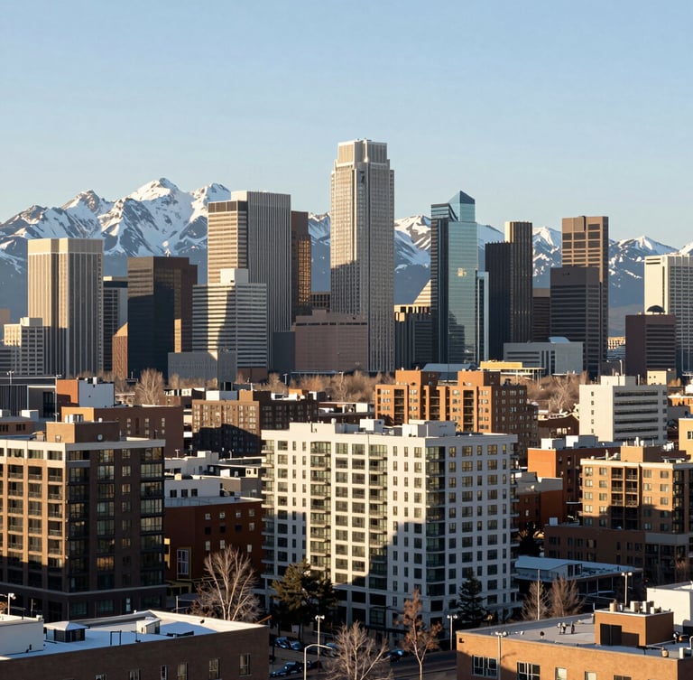 Wide-angle editorial photograph of the Denver skyline with snow-capped Rocky Mountains in the far background, crisp morning light, high-end residential architecture in the foreground, 35mm.