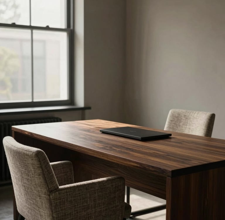 Minimalist consultation office with soft directional window light illuminating a dark oak desk and textured linen chairs, quiet luxury atmosphere