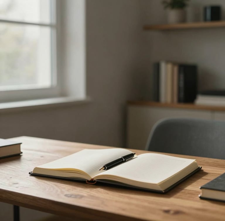 Cinematic medium shot of a modern, minimalist study room with soft directional window light illuminating a wooden table, an open journal, and a fountain pen
