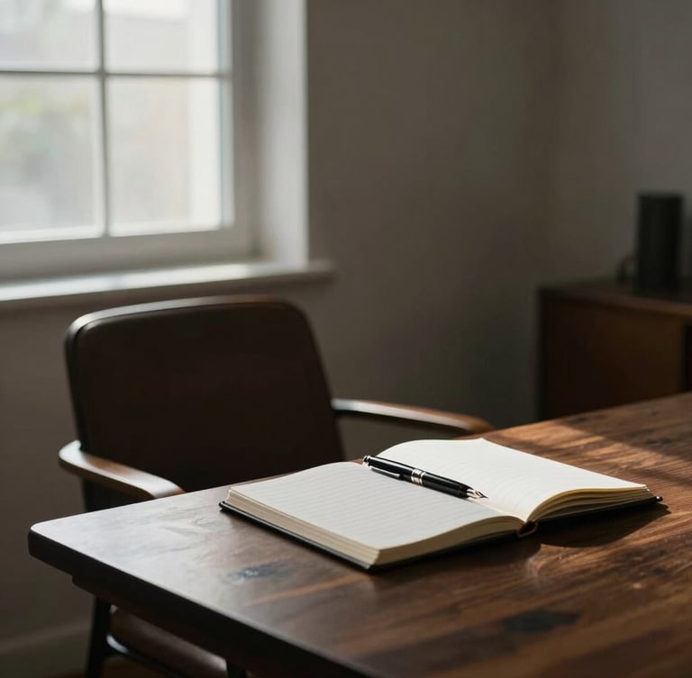 Quiet, minimalist study room with soft directional window light. A leather chair sits empty beside a dark wood table with open notebooks and a fountain pen, casting subtle shadows.