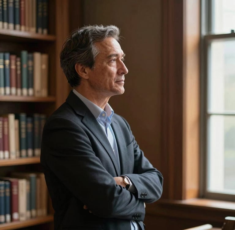 Cinematic side-profile of a focused professional mentor in a warm, wood-paneled library, soft window light highlighting thoughtful expression, negative space on the right.
