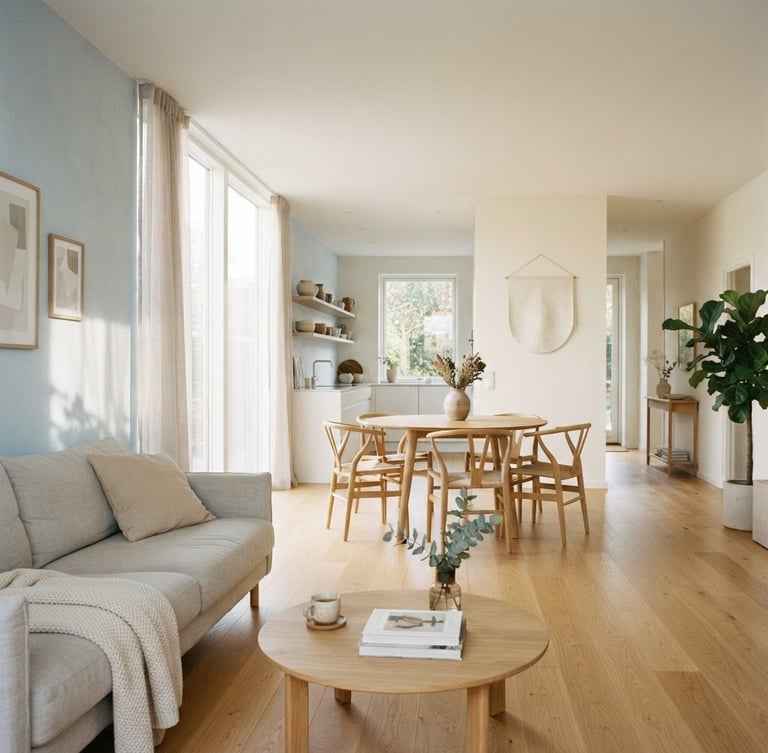 Airy minimalist home interior with distinct living zones, soft morning window light casting gentle shadows on pale blue and warm white walls, 35mm lens.