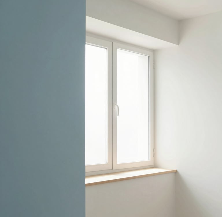 Airy minimalist interior showing distinct zones of a home, soft morning window light, pale blue and warm white tones, clean architectural composition
