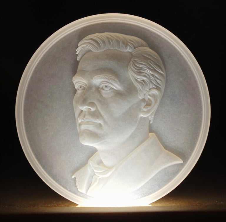 Macro shot of a 3D printed lithophane plate held against warm backlighting, showing a highly detailed portrait glowing through the translucent white plastic layers, dark background, 35mm lens