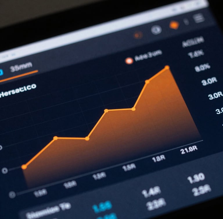 Macro shot of a high-contrast e-commerce dashboard showing growth graphs on a dark screen, subtle orange and blue ambient rim lights, sharp studio lighting, 35mm