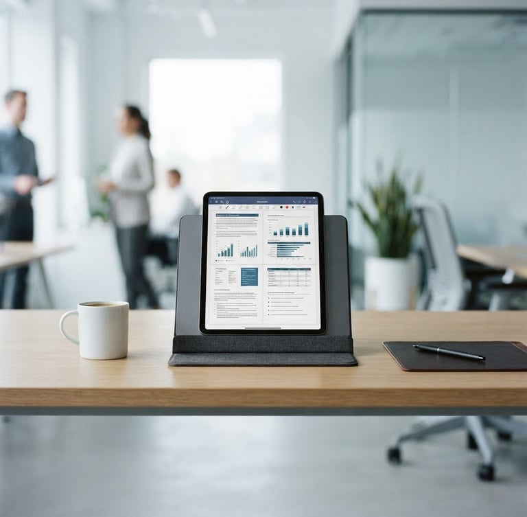 Straight-on eye-level shot of a clean minimalist office desk with a tablet displaying a structured document, bright neutral daylight, crisp cool tones, 35mm