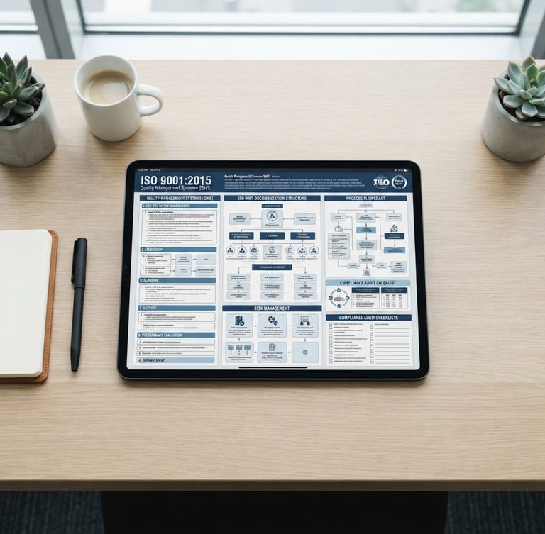 Straight-on eye-level flat-lay of a tablet displaying structured ISO compliance documents on a clean minimalist office desk, bright neutral daylight, crisp cool tones, sharp focus, 35mm