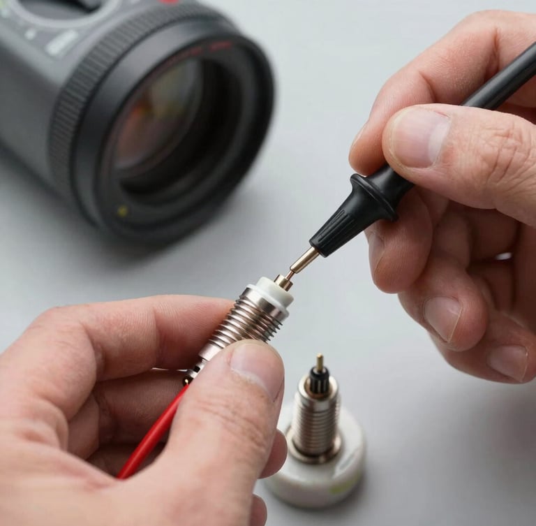 Macro close-up of a technician's hands using a digital multimeter to test the electrical resistance of a ceramic stove igniter, bright utility lighting, crisp focus on the metal components.