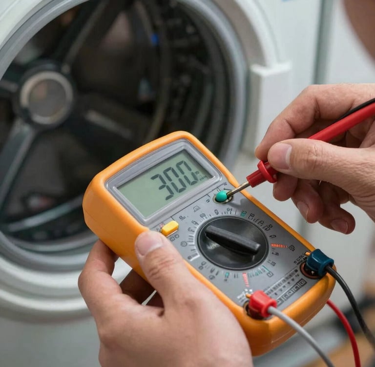 Macro close-up of a technician using a digital multimeter to test a dryer thermal fuse, bright utility lighting