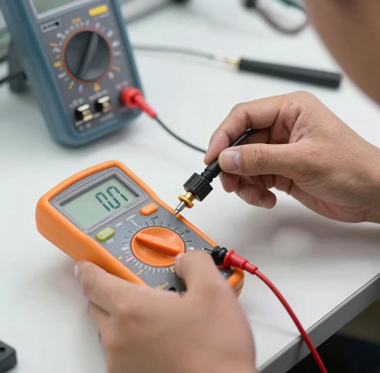 Macro close-up of a technician testing a dryer thermal fuse with a digital multimeter on a clean workbench, bright utility lighting.