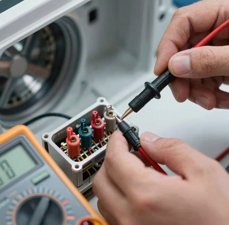 Macro close-up of a technician using a digital multimeter to test electrical continuity on a dryer thermal fuse, bright utility lighting, crisp focus on the metal terminals