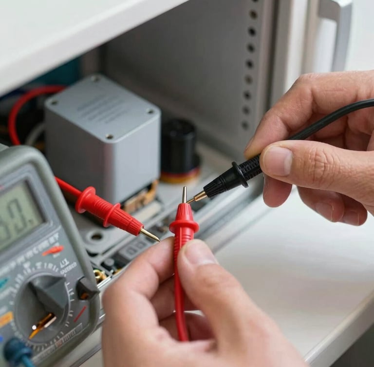 Macro close-up of a technician's hands using a digital multimeter to test a refrigerator start relay, bright utility lighting, clear mechanical components, shallow depth of field.