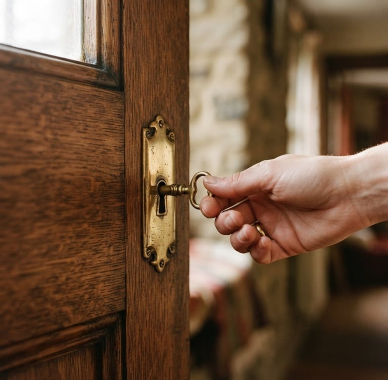 Close-up of a hand carefully turning a polished brass key in a solid oak door lock, soft morning light, shallow depth of field, rich muted earth tones.