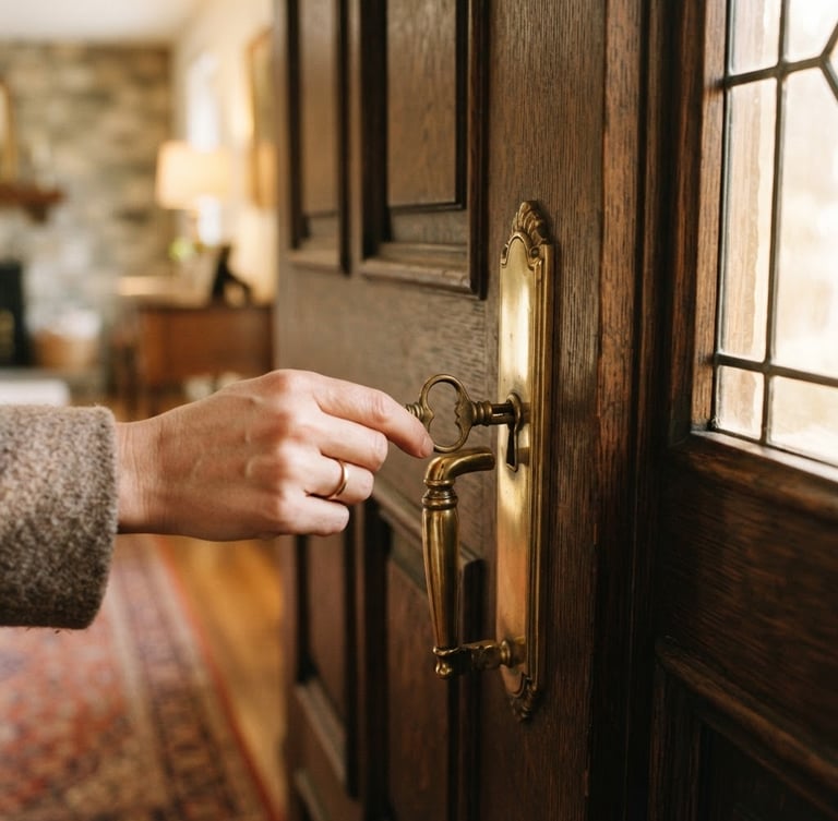 Warm editorial photograph of a grand home entrance, a brass door handle gleaming, soft morning light, shallow depth of field, 35mm. A key is being gently inserted into the lock, emphasizing trust and access.