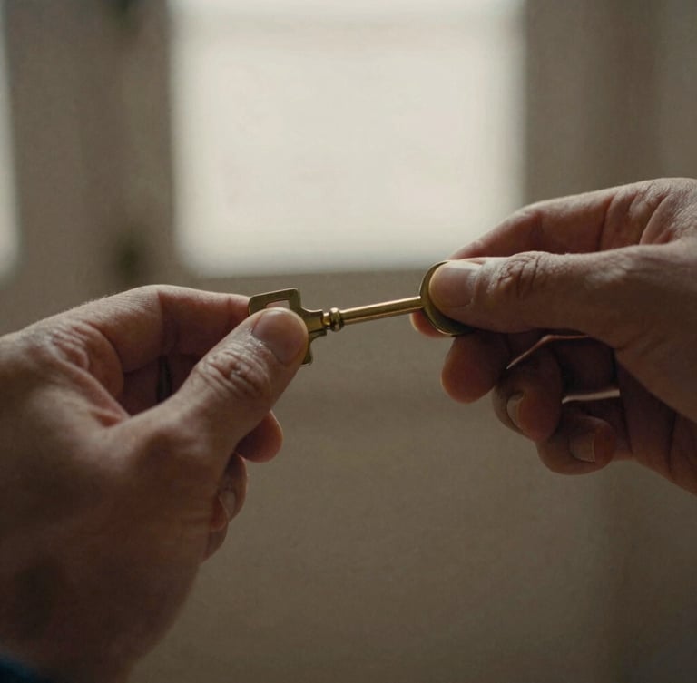 Close-up of hands turning a brass key in a lock, soft morning light, shallow depth of field, rich muted earth tones, 35mm