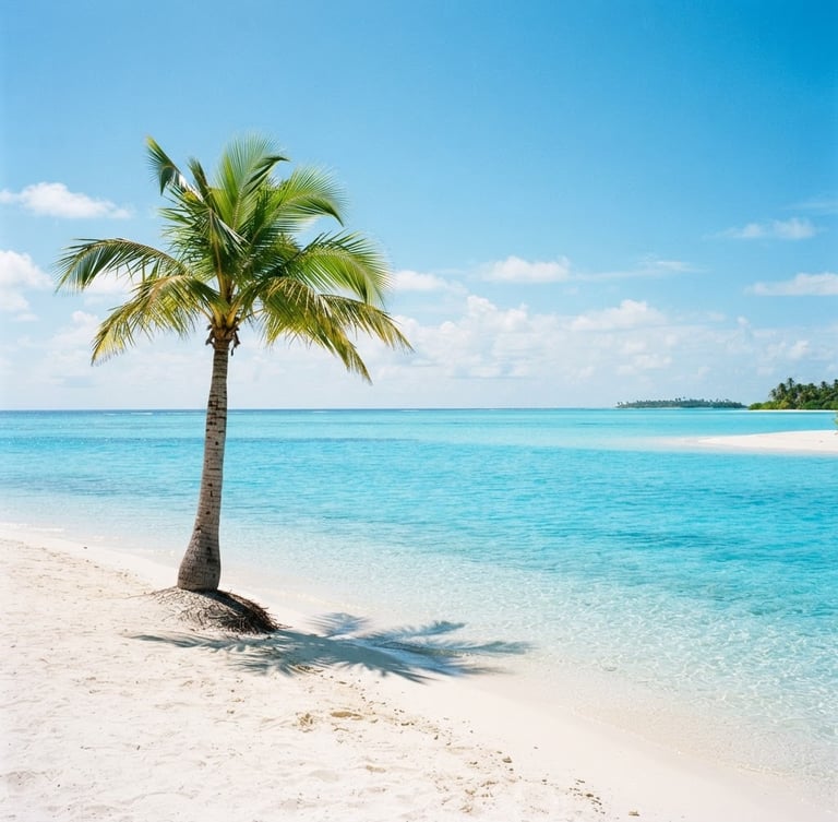 High-key, sun-drenched wide landscape of a minimalist tropical beach, crystal-clear turquoise water, a single palm tree casting a crisp shadow on white sand, bright midday sun, 35mm lens feel.