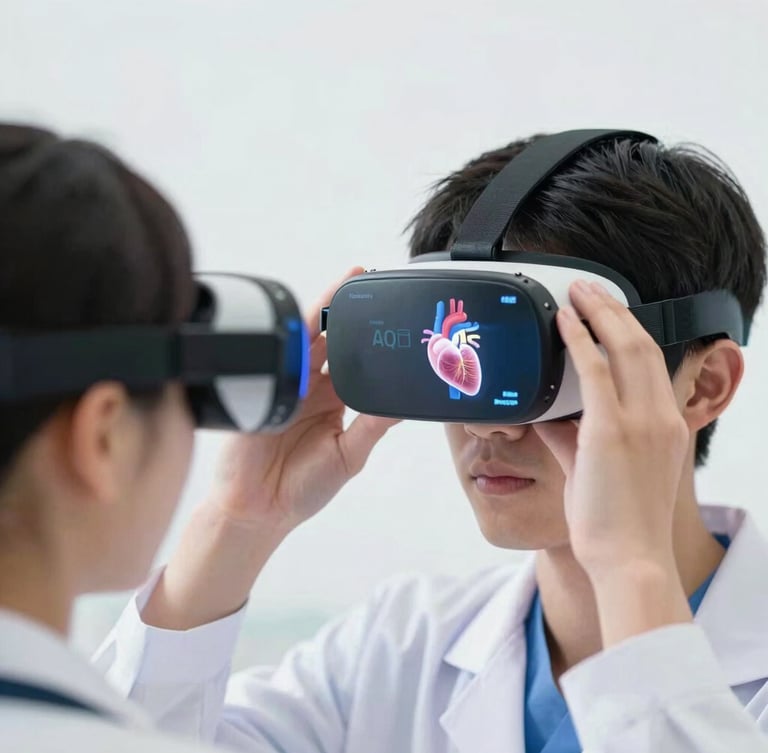 A close-up over-the-shoulder shot of a medical student using hand-tracking in an XR headset to manipulate a glowing, precise 3D cardiovascular system, clinical white background, soft blue ambient lighting, sharp focus