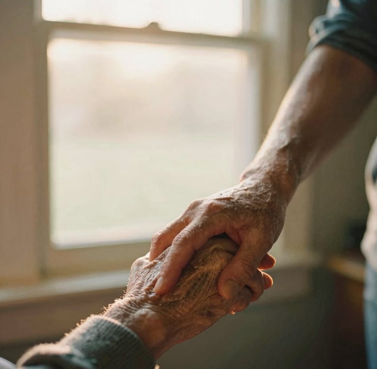 A close-up of a caregiver gently holding an elderly person's hand in a warm, sunlit Indiana home, soft golden-hour window light, shallow depth of field, warm editorial photography, 35mm film.