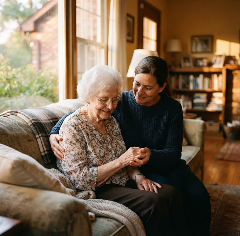 Warm golden-hour window light illuminating a cozy Indiana living room, a caregiver gently holding the hand of an elderly woman, soft focus, 35mm film