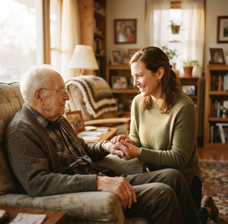 Candid side-profile of a friendly volunteer holding the hand of an elderly senior in a cozy, sunlit Indiana living room, warm 35mm film style.