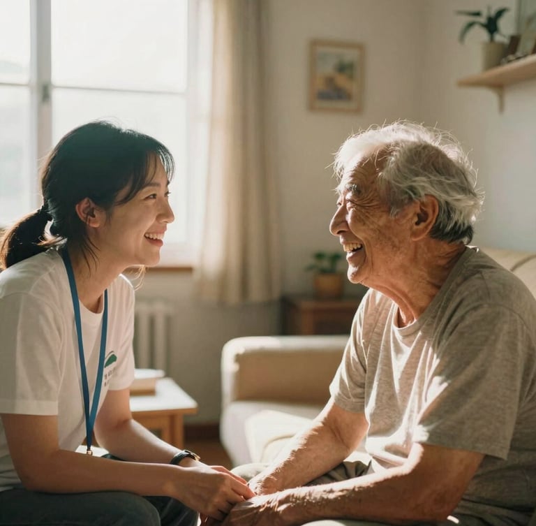Candid side-profile of a friendly volunteer and an elderly resident laughing together in a cozy, sunlit living room, warm 35mm film style