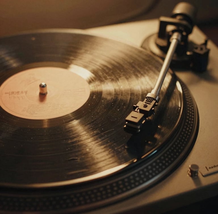 Intimate close-up of a vintage vinyl record spinning on a dark turntable, warm golden-hour spotlight highlighting the dust and heavy 35mm film grain