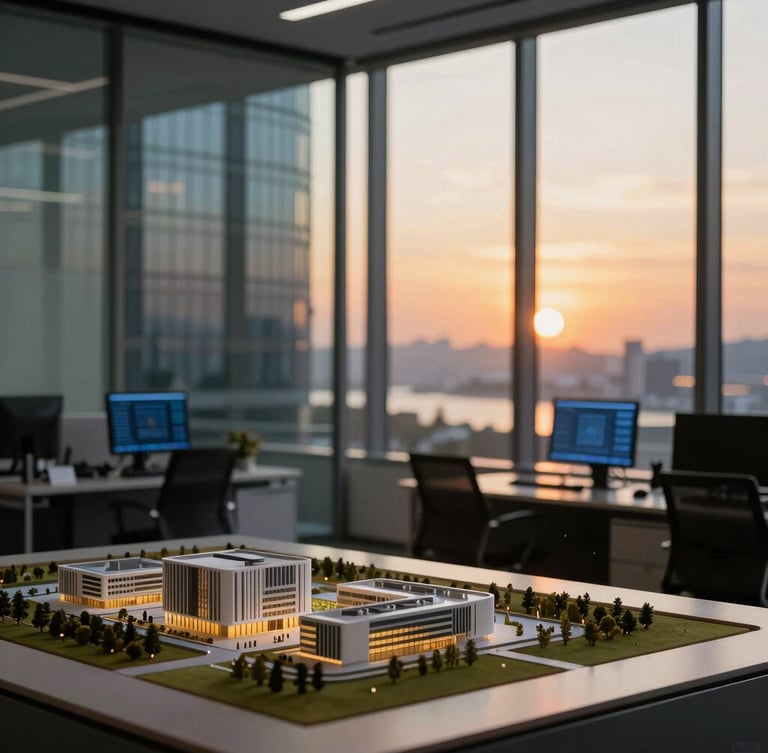 Modern corporate office overlooking the Levent business district in Istanbul, warm sunset light through glass windows, architectural models and digital screens on tables, shallow depth of field, 35mm.