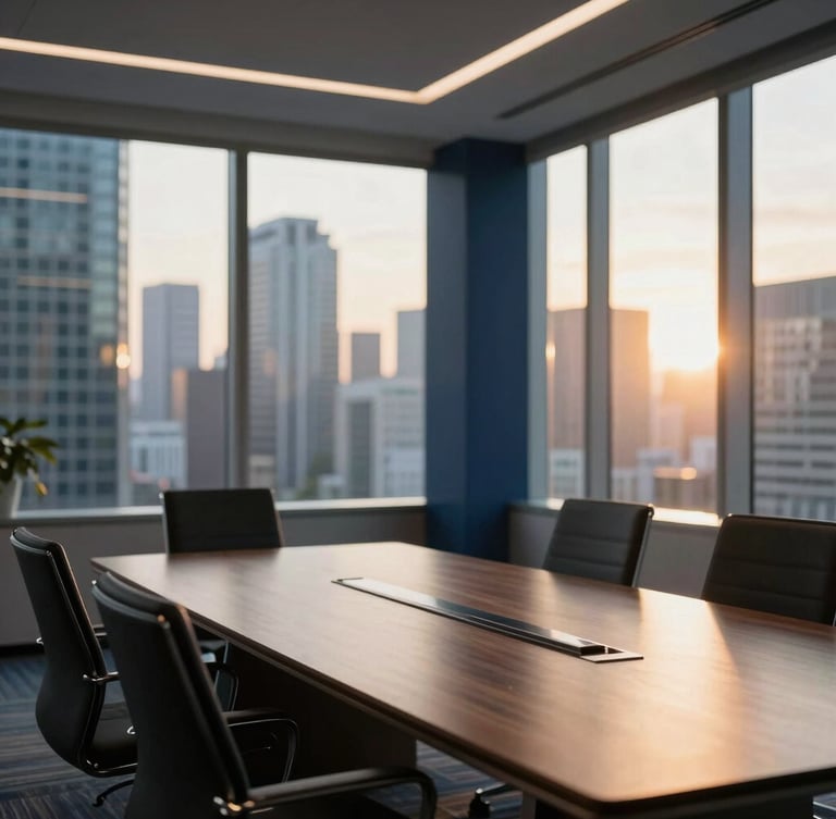 Wide environmental shot of a modern corporate boardroom overlooking an international business district, warm sunlight streaming through glass windows, deep navy accents, shallow depth of field, 35mm