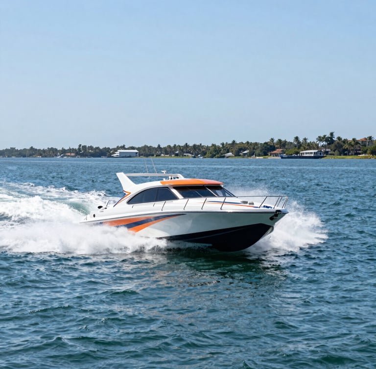 A sleek, high-performance MasterCraft towboat slicing through glassy water off the Naples coast, low horizon, wide shot capturing the boat's powerful wake and the sunny Florida shoreline.