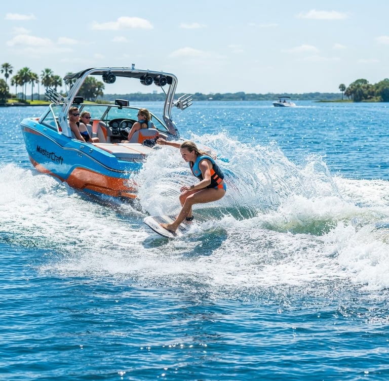 Dynamic low-angle action shot of a wakesurfer carving hard close to the transom of a MasterCraft boat, high-shutter-speed capturing crisp water spray in the midday Florida sun, vibrant blue water.