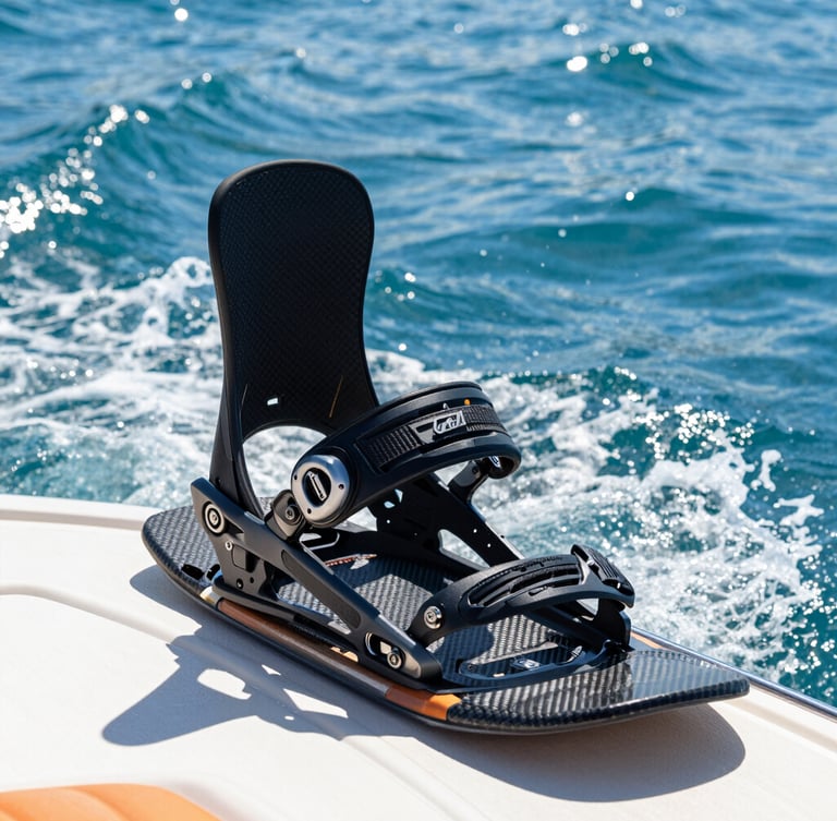 Ultra-sharp close-up of a premium wakeboard binding setup on a carbon-fiber board, resting on the swim platform of a luxury boat, sparkling blue Naples water in the background.