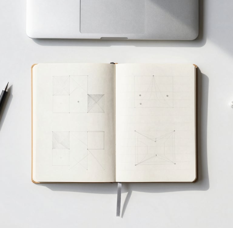 Overhead flat-lay of a minimalist organized desk, a crisp open notebook with geometric pencil diagrams, clean architectural lines, bright natural daylight, soft shadows