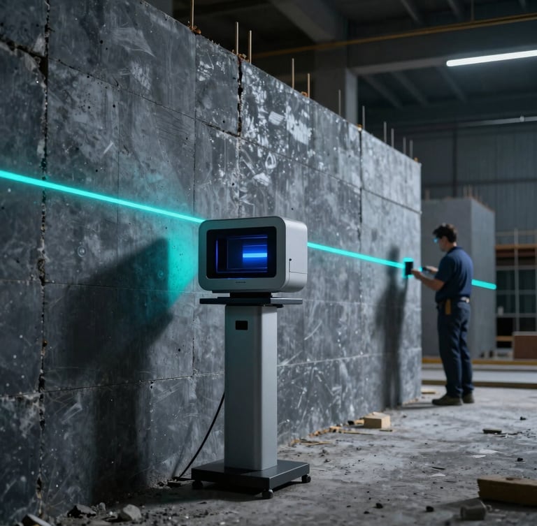 Escáner láser 3D en un sitio de construcción industrial vacío, capturando datos de una pared de hormigón, con líneas de escaneo de neón cian visibles y un operador técnico en el fondo, iluminación dramática y sombras, tonos fríos.