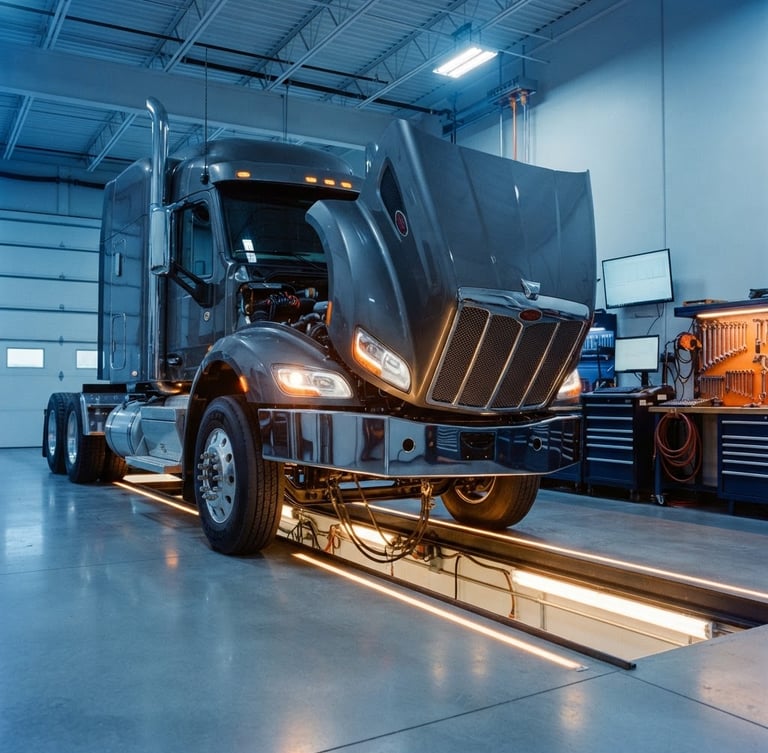 Low-angle powerful commercial shot of a Class 8 semi-truck inside a clean high-tech diagnostic bay, cool blue steel tones with warm amber tool lights, crisp details, 35mm