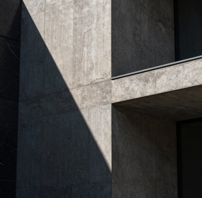 Tight abstract architectural crop of a modern concrete and dark marble building facade, dramatic directional sunlight casting deep diagonal shadows, high contrast, minimalist editorial style.