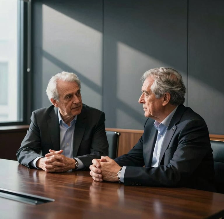 Candid, unposed portrait of a senior partner in deep consultation inside a dark-paneled boardroom, single source window light casting dramatic shadows.