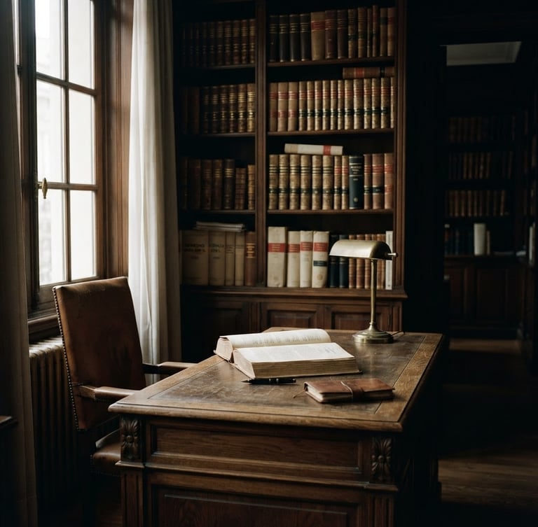 Moody editorial photography of a historic Madrid law office interior, soft side-lighting on dark wood paneling and leather-bound archives, shallow depth of field, 35mm