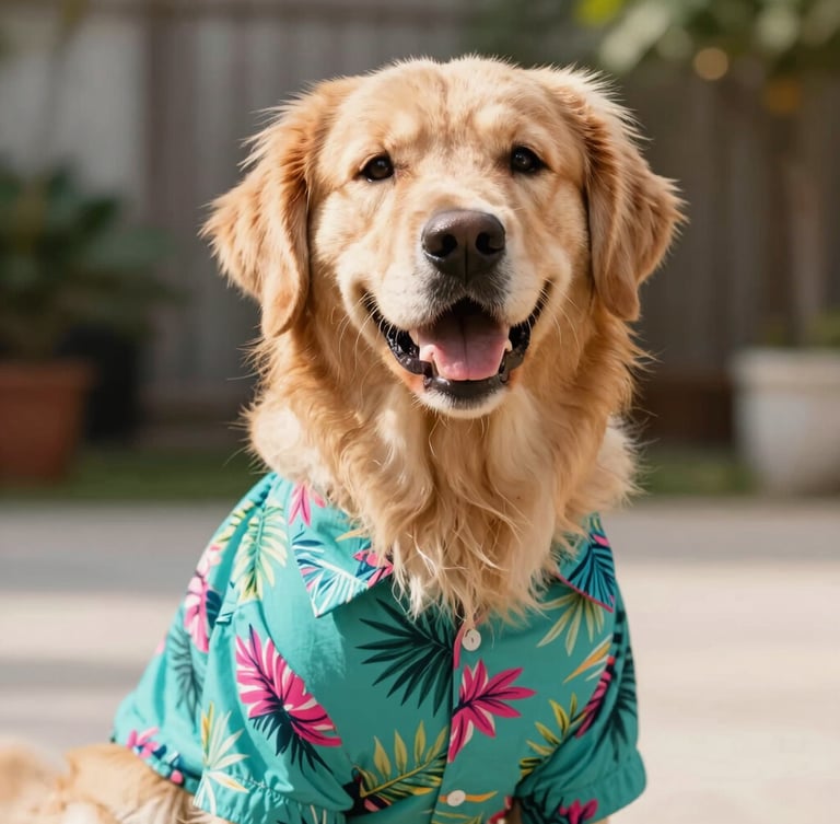 Bright cheerful pet photography, a happy golden retriever wearing a vibrant teal tropical shirt, warm natural daylight, 35mm