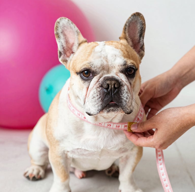 Bright cheerful pet photography, a cute French bulldog being measured gently with a soft tape measure, warm natural daylight, 35mm