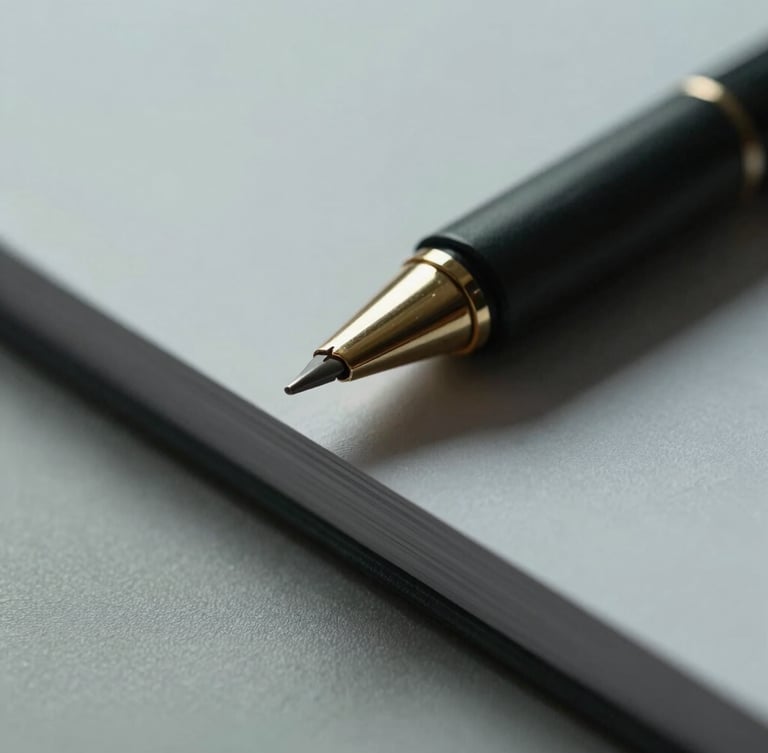 Extreme close-up of high-end stationery with geometric shadows, cool diffused overcast daylight, desaturated tones, architectural precision