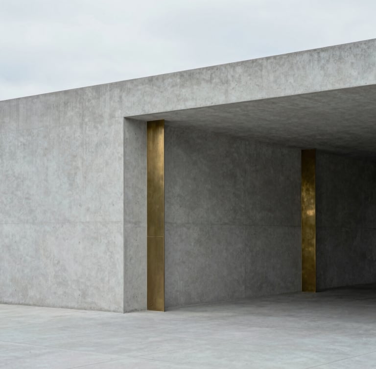 Sober architectural photography, clean geometric shadows on concrete, cool diffused overcast daylight, desaturated cool tones with brass accents, 35mm lens