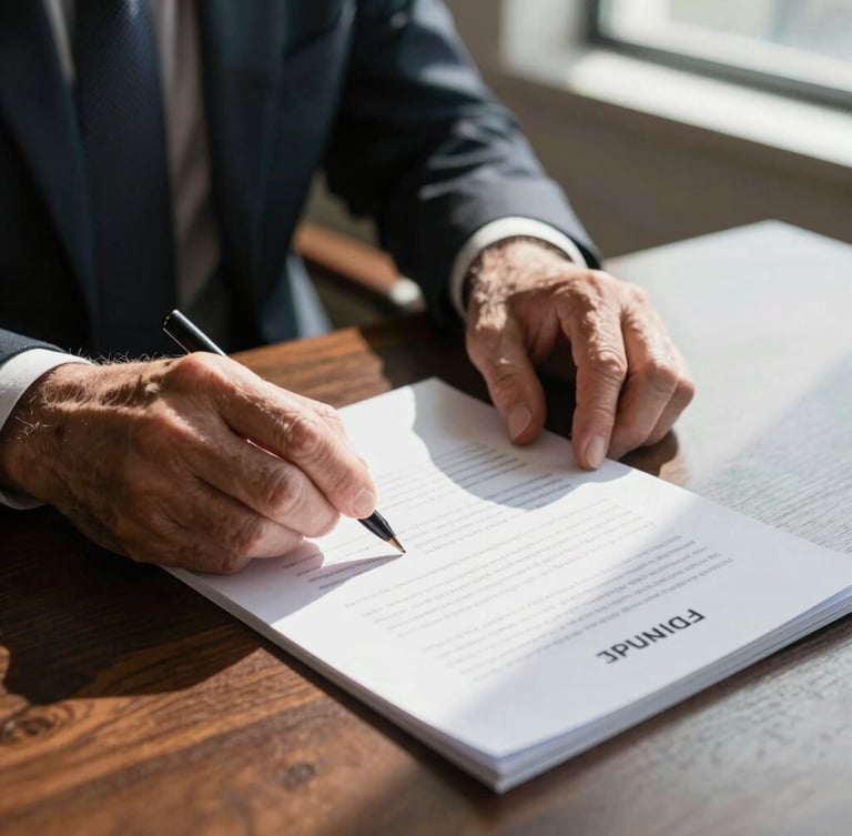 Close-up of senior executive hands reviewing a textured physical corporate contract on a dark wooden table, natural side lighting from a window, sharp shadows.