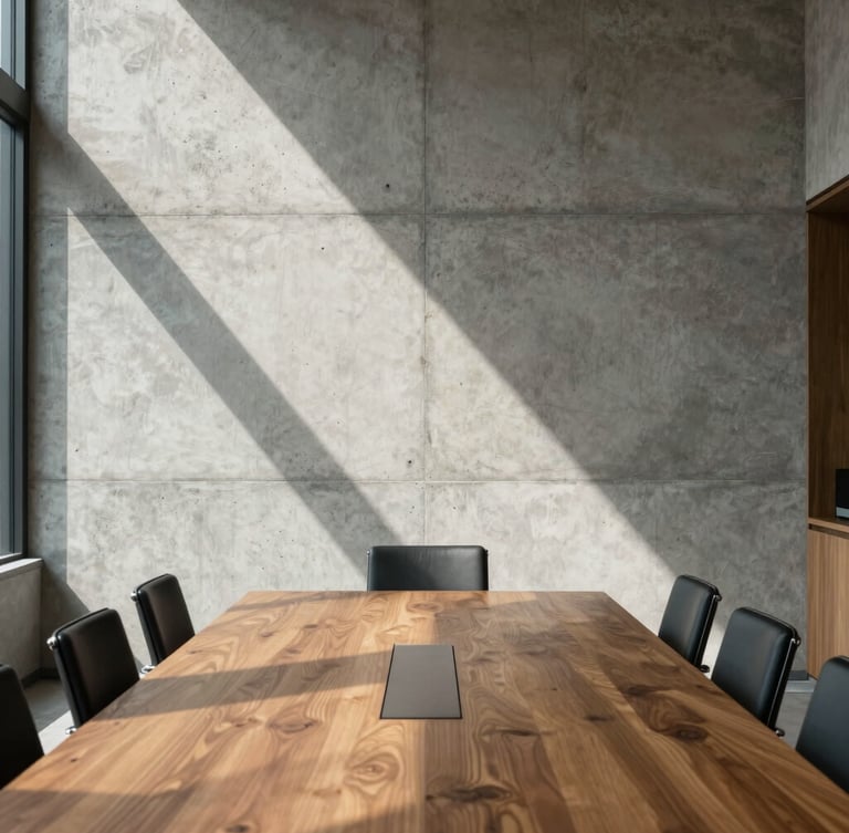 Wide environmental shot of a modern architectural boardroom in Mexico City, sharp natural daylight casting deep shadows on a concrete wall, a heavy oak table in the foreground.