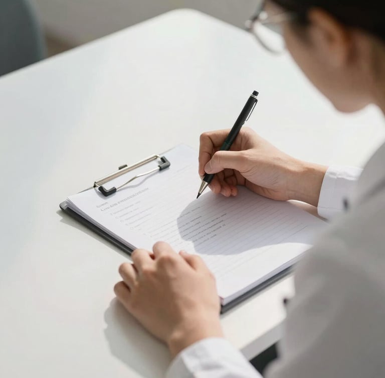 Over-the-shoulder shot of a therapist's hands writing structured case conceptualization notes on a clean desk, bright natural daylight, academic environment.
