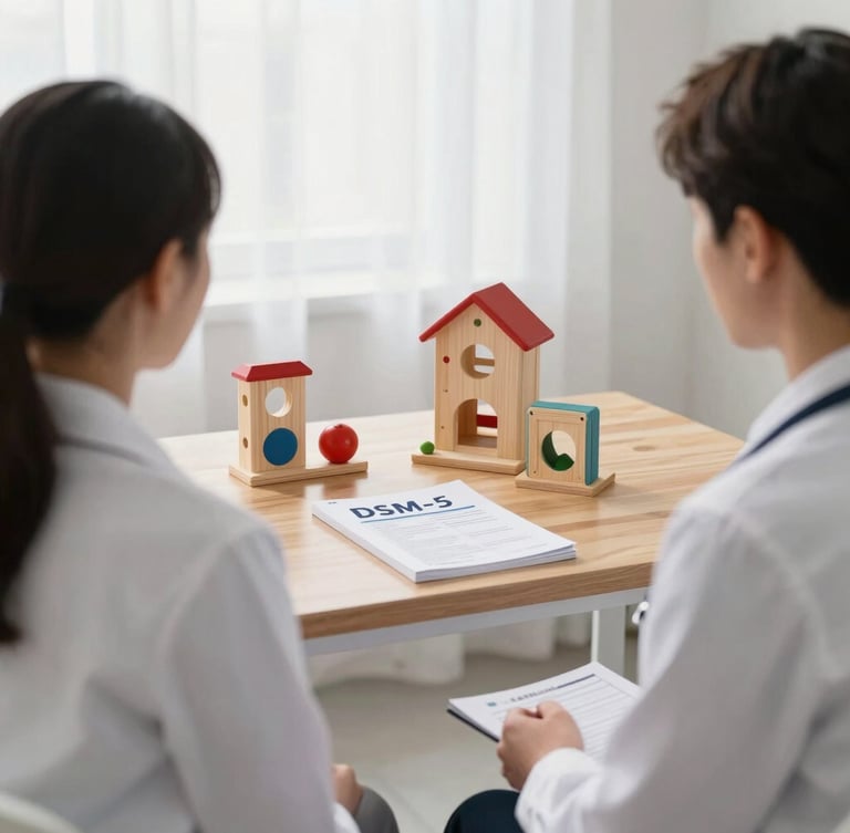 Over-the-shoulder shot of a clinical psychologist sitting in a bright, natural-light office, structured developmental toys and a DSM-5 manual visible on a clean wooden desk, professional and academic atmosphere.