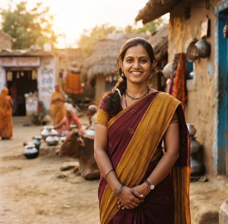 Dignified portrait of a female Indian entrepreneur smiling in warm golden-hour sunlight in a rural village setting, 35mm lens
