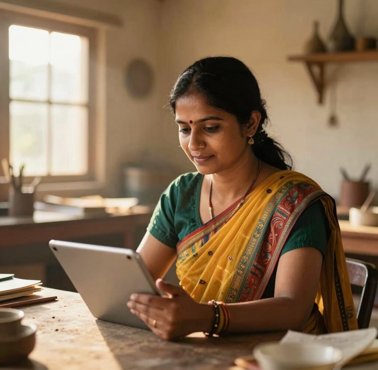 Medium portrait of an Indian female entrepreneur in a bright rural workshop, working on a digital tablet, warm natural lighting, dignified and active setting