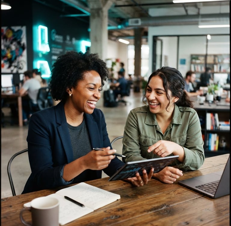 Portrait of two diverse local founders collaborating in a modern Indianapolis innovation space, vibrant neon cyan accents in the background, sharp focus, 35mm