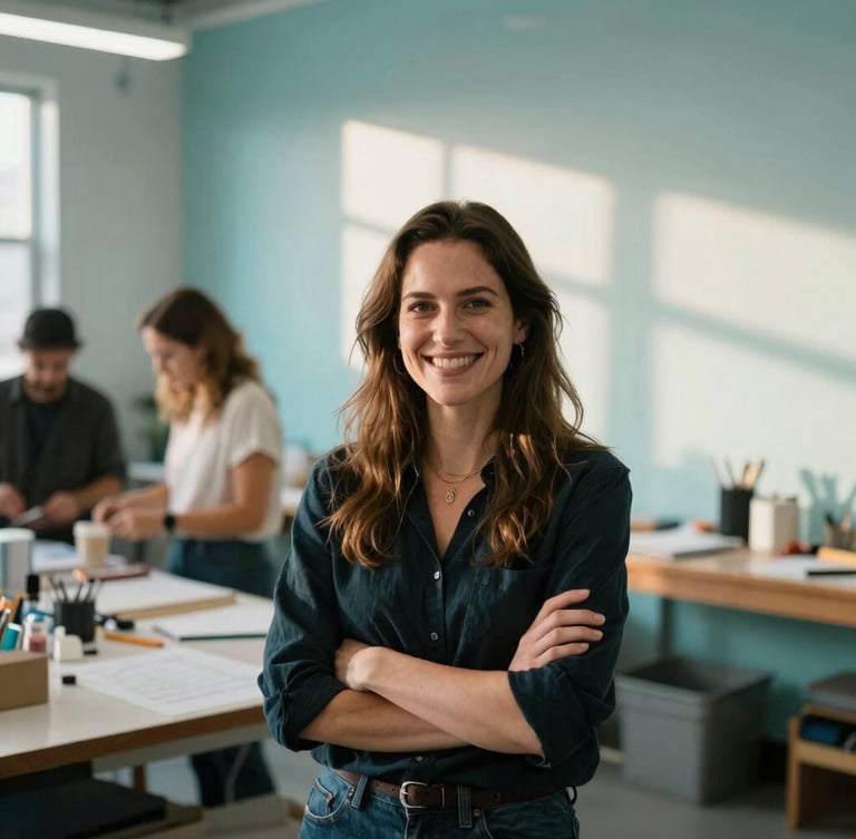 A local Indiana female entrepreneur smiling confidently in a modern workshop space, warm natural light, soft cyan background reflections, 35mm portrait